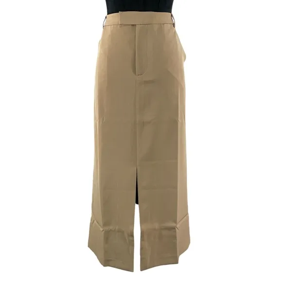 Tan, Khaki high waisted tailored skirt, front slit, Midi skirt, size 10,New