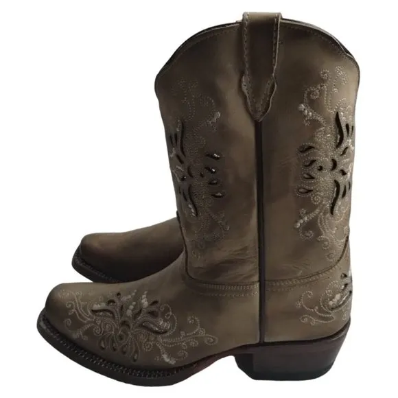 Tanner Mark Girls Pull-On Burnished Sand Butterfly Inlay Western Boots Sz US 2