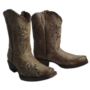 Tanner Mark Girls Pull-On Burnished Sand Butterfly Inlay Western Boots Sz US 2