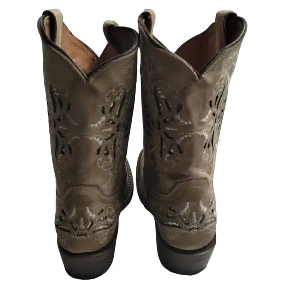 Tanner Mark Girls Pull-On Burnished Sand Butterfly Inlay Western Boots Sz US 2