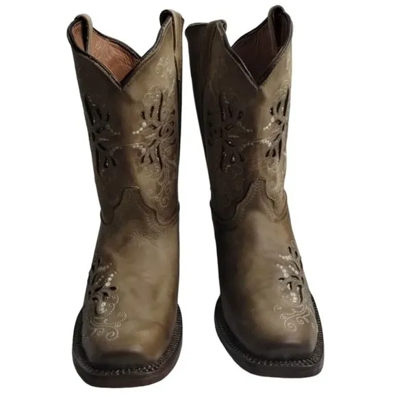 Tanner Mark Girls Pull-On Burnished Sand Butterfly Inlay Western Boots Sz US 2