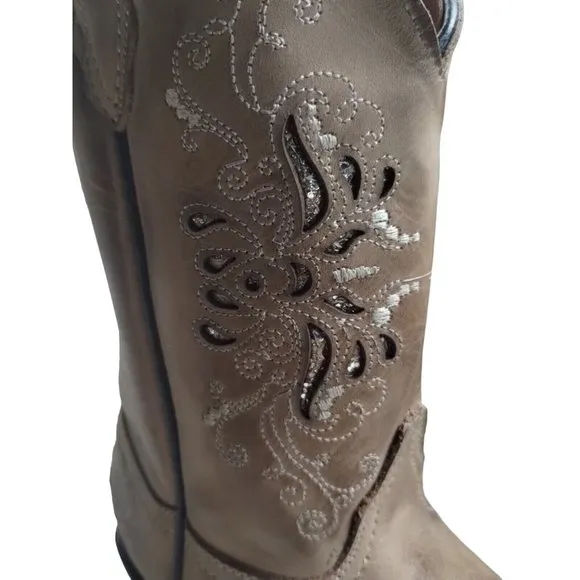Tanner Mark Girls Pull-On Burnished Sand Butterfly Inlay Western Boots Sz US 2