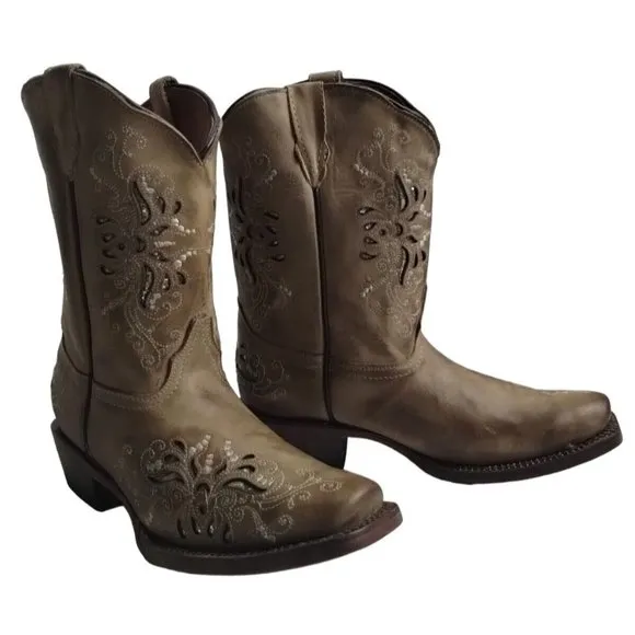 Tanner Mark Girls Pull-On Burnished Sand Butterfly Inlay Western Boots Sz US 2