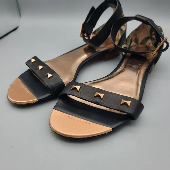 TED BAKER London sandals Block heel Flat black bronze metal ankle strap 6.5 37