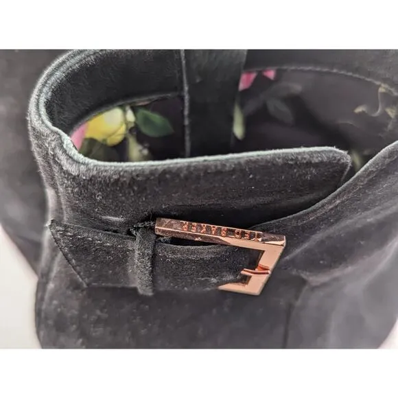 Ted Baker Maryne Black Suede Pointed Toe Ankle Boots Size 8/39 Rose Gold Trim