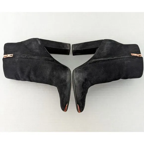 Ted Baker Maryne Black Suede Pointed Toe Ankle Boots Size 8/39 Rose Gold Trim