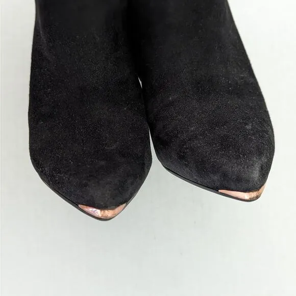 Ted Baker Maryne Black Suede Pointed Toe Ankle Boots Size 8/39 Rose Gold Trim