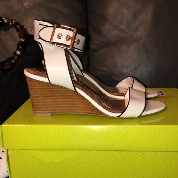 Ted Baker 39.5 Lernox White Black Stacked Wedge Sandals Rose Gold Hardware