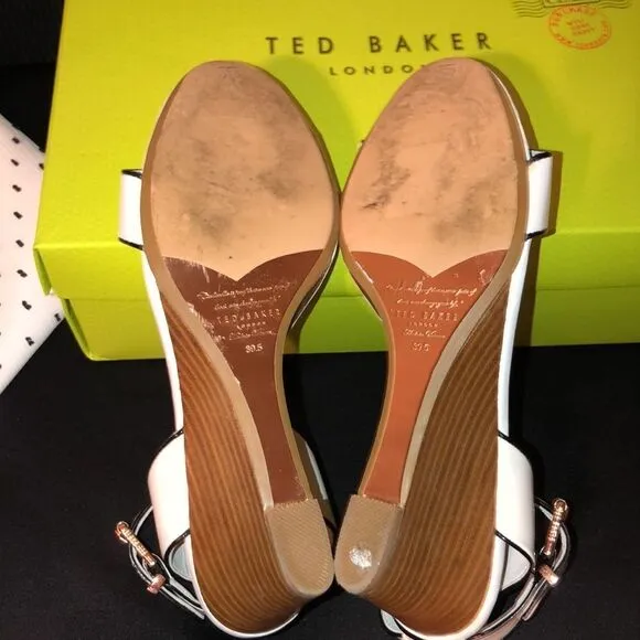 Ted Baker 39.5 Lernox White Black Stacked Wedge Sandals Rose Gold Hardware