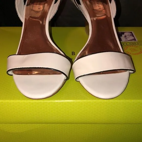 Ted Baker 39.5 Lernox White Black Stacked Wedge Sandals Rose Gold Hardware