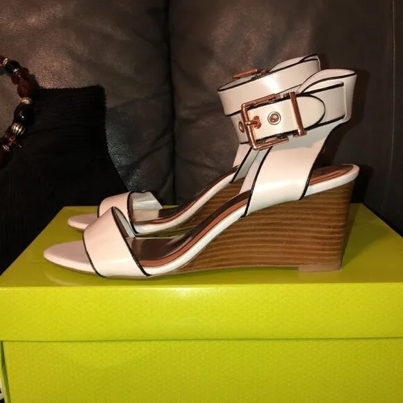 Ted Baker 39.5 Lernox White Black Stacked Wedge Sandals Rose Gold Hardware