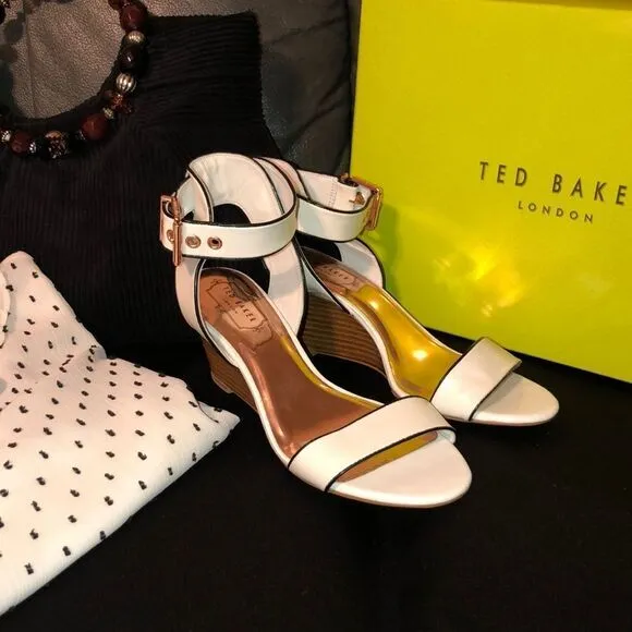 Ted Baker 39.5 Lernox White Black Stacked Wedge Sandals Rose Gold Hardware