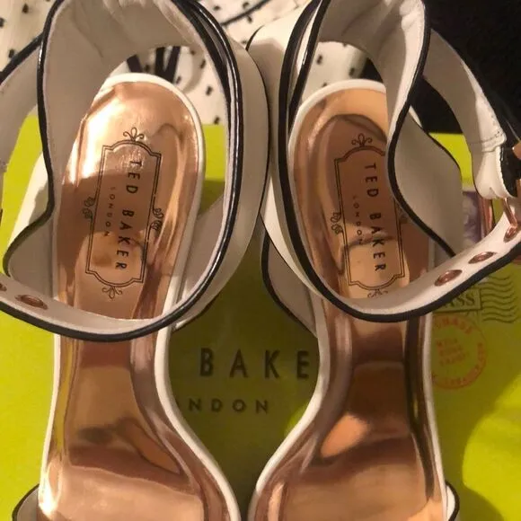 Ted Baker 39.5 Lernox White Black Stacked Wedge Sandals Rose Gold Hardware