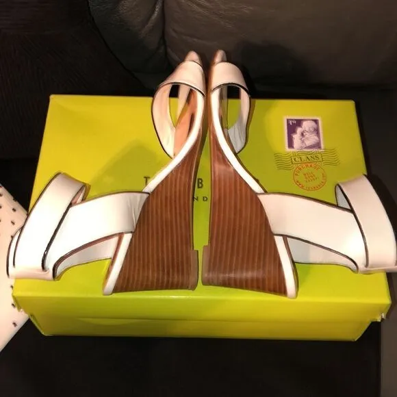 Ted Baker 39.5 Lernox White Black Stacked Wedge Sandals Rose Gold Hardware