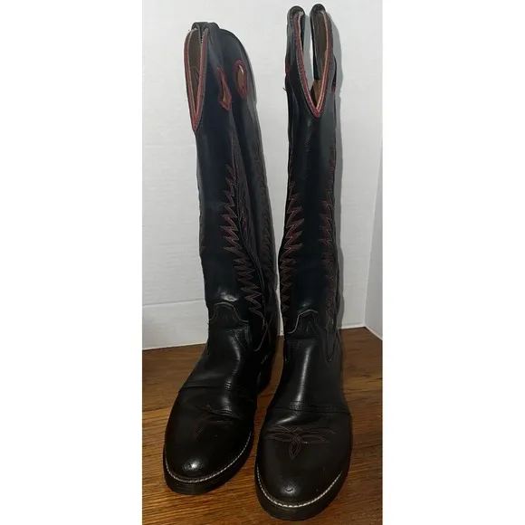 TEXAS ALL AMERICAN MADE LEATHER BOOTS BLACK RED Stitching/Piping SIZE 6.5