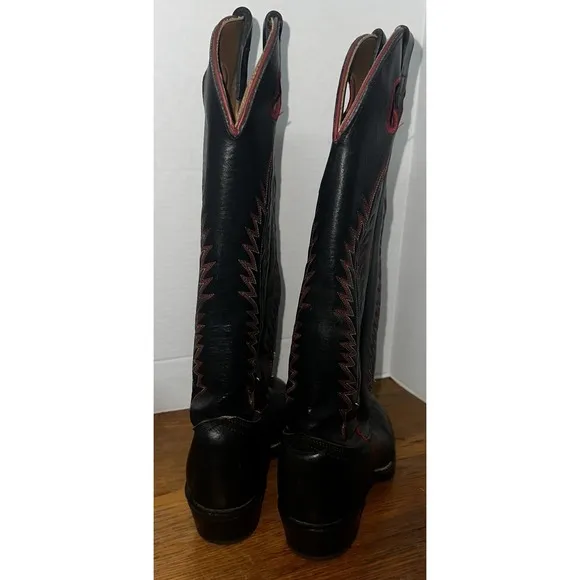 TEXAS ALL AMERICAN MADE LEATHER BOOTS BLACK RED Stitching/Piping SIZE 6.5