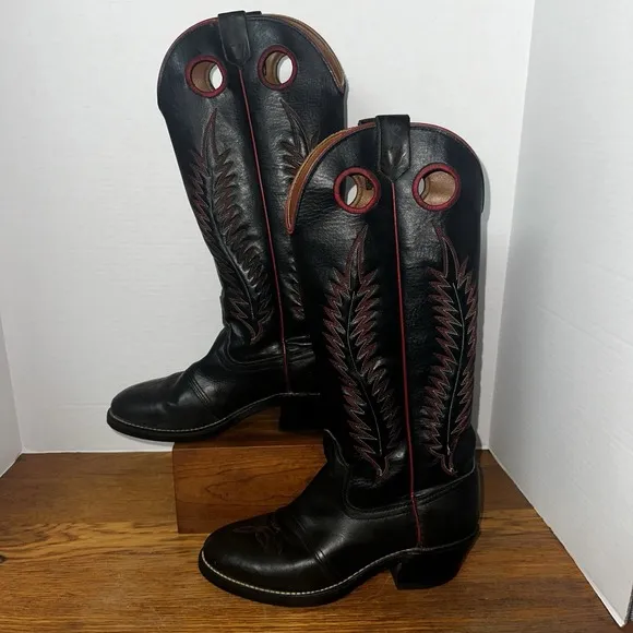 TEXAS ALL AMERICAN MADE LEATHER BOOTS BLACK RED Stitching/Piping SIZE 6.5