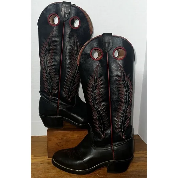 TEXAS ALL AMERICAN MADE LEATHER BOOTS BLACK RED Stitching/Piping SIZE 6.5