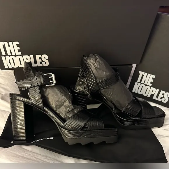 The Kooples NEW BLACK LIZARD EFFECT LEATHER HEELED SANDALS FR 40 US 9