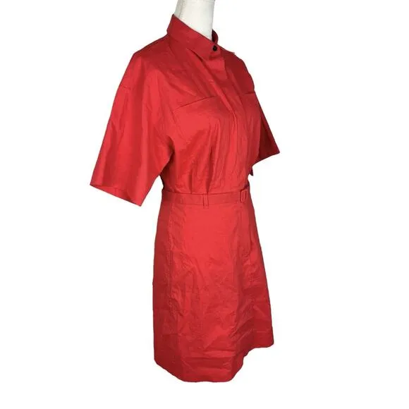 Theory Belted Shirt Dress in Stretch Linen Poppy Short Sleeve Size 4 NEW