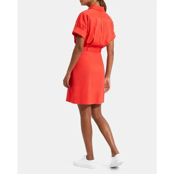 Theory Belted Shirt Dress in Stretch Linen Poppy Short Sleeve Size 4 NEW