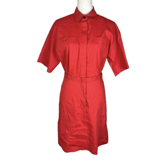 Theory Belted Shirt Dress in Stretch Linen Poppy Short Sleeve Size 4 NEW