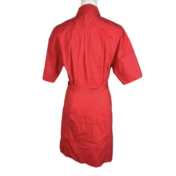 Theory Belted Shirt Dress in Stretch Linen Poppy Short Sleeve Size 4 NEW