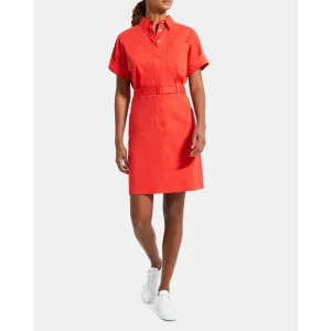 Theory Belted Shirt Dress in Stretch Linen Poppy Short Sleeve Size 4 NEW