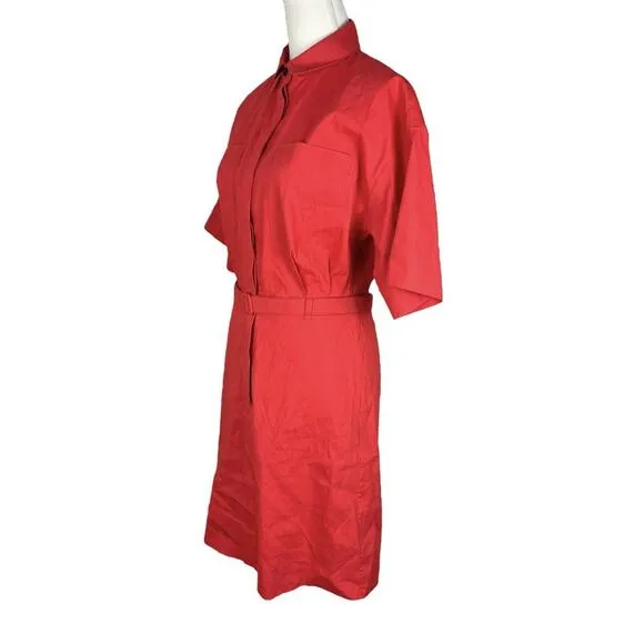 Theory Belted Shirt Dress in Stretch Linen Poppy Short Sleeve Size 4 NEW