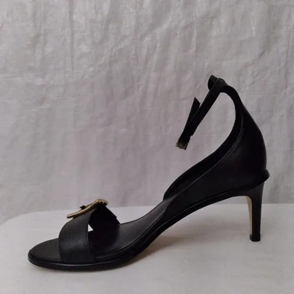 TIBI Black Leather Sandals w/Gold Buckle Detail and Adjustable Ankle Str…