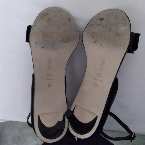TIBI Black Leather Sandals w/Gold Buckle Detail and Adjustable Ankle Str…