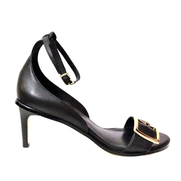 TIBI Black Leather Sandals w/Gold Buckle Detail and Adjustable Ankle Str…