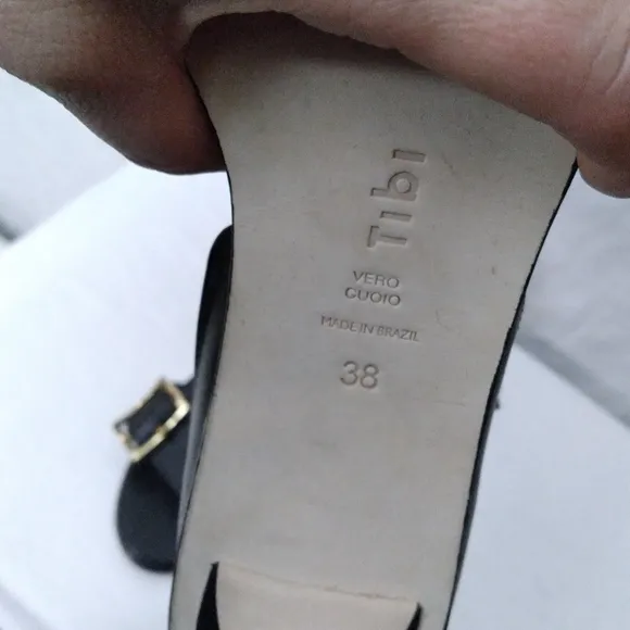 TIBI Black Leather Sandals w/Gold Buckle Detail and Adjustable Ankle Str…