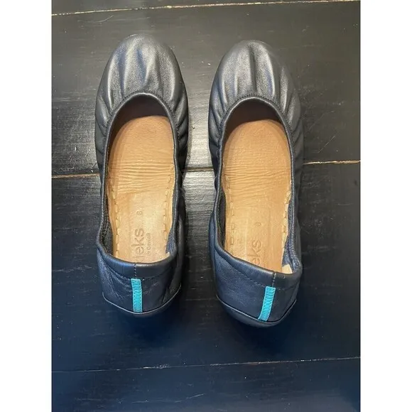 Tieks by Gavrieli Women's Sz US 8 Black Leather Slip On Ballet Flats Teal Stripe