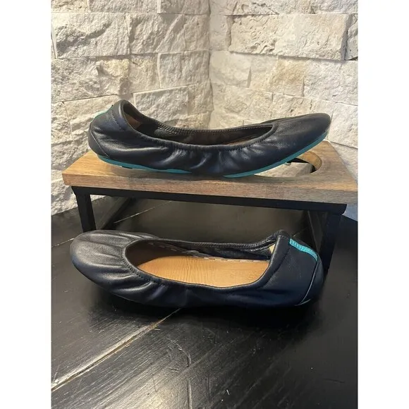 Tieks by Gavrieli Women's Sz US 8 Black Leather Slip On Ballet Flats Teal Stripe