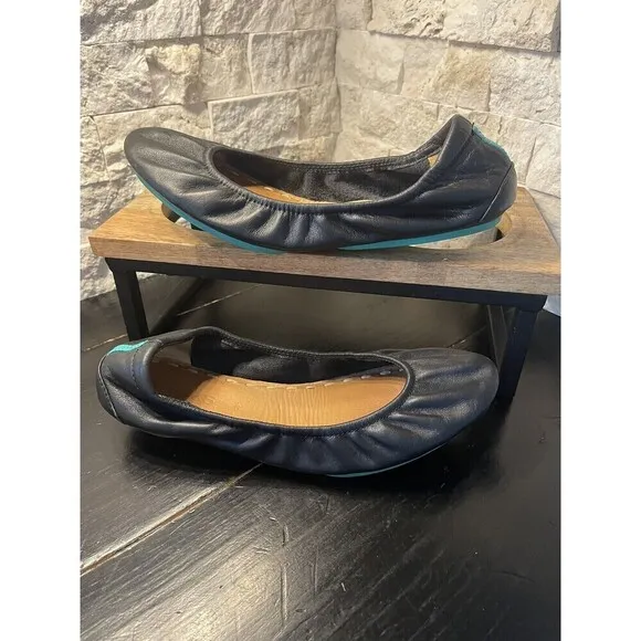 Tieks by Gavrieli Women's Sz US 8 Black Leather Slip On Ballet Flats Teal Stripe