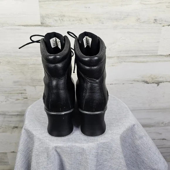 Timberland Hill Leather Square Toe Boots Sz 7 Black Lace Up Wedge Heel Victorian