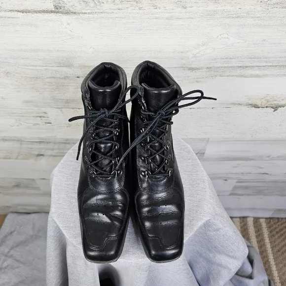 Timberland Hill Leather Square Toe Boots Sz 7 Black Lace Up Wedge Heel Victorian