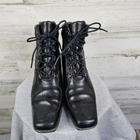 Timberland Hill Leather Square Toe Boots Sz 7 Black Lace Up Wedge Heel Victorian