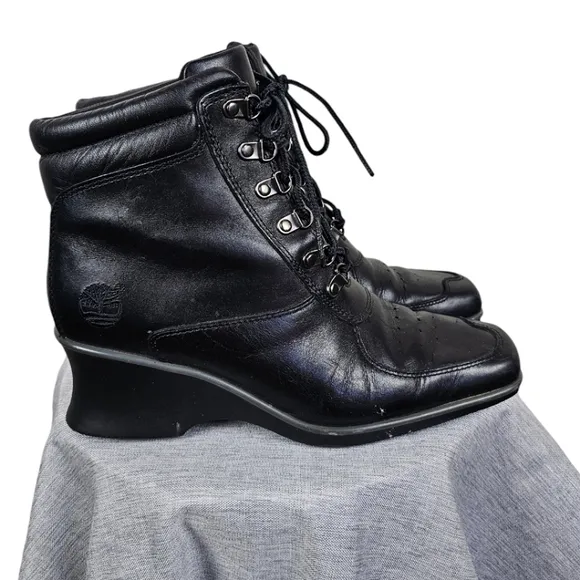 Timberland Hill Leather Square Toe Boots Sz 7 Black Lace Up Wedge Heel Victorian