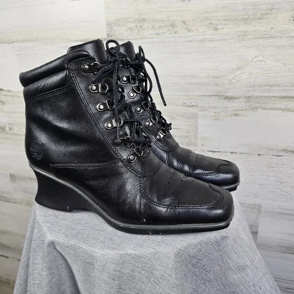 Timberland Hill Leather Square Toe Boots Sz 7 Black Lace Up Wedge Heel Victorian
