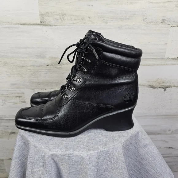 Timberland Hill Leather Square Toe Boots Sz 7 Black Lace Up Wedge Heel Victorian