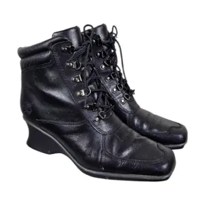 Timberland Hill Leather Square Toe Boots Sz 7 Black Lace Up Wedge Heel Victorian