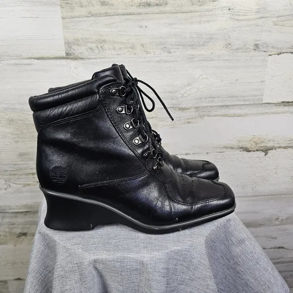 Timberland Hill Leather Square Toe Boots Sz 7 Black Lace Up Wedge Heel Victorian