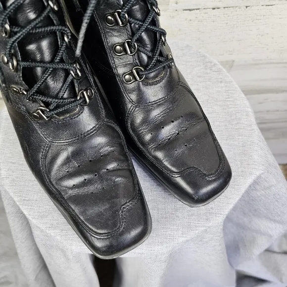 Timberland Hill Leather Square Toe Boots Sz 7 Black Lace Up Wedge Heel Victorian