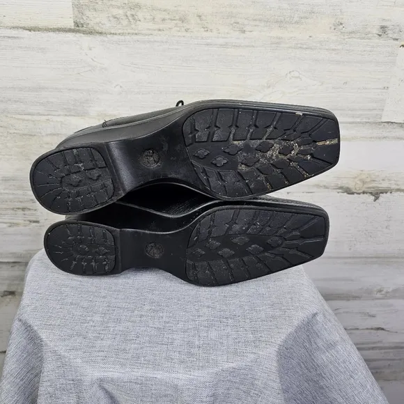 Timberland Hill Leather Square Toe Boots Sz 7 Black Lace Up Wedge Heel Victorian