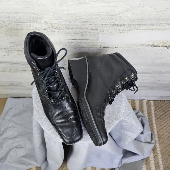 Timberland Hill Leather Square Toe Boots Sz 7 Black Lace Up Wedge Heel Victorian