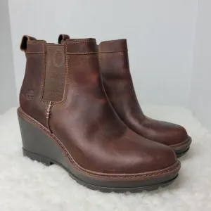 Timberland Kellis Womens Wedge Chelsea Boots Brown Leather Pull On 3&quot; Shoes