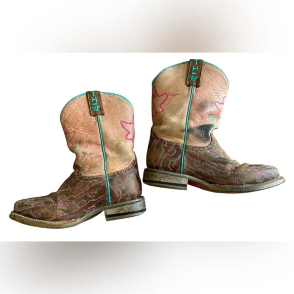 Tin Haul CACTUS Western Cowgirl Boots Pink Brown Teal Stitching Size 1