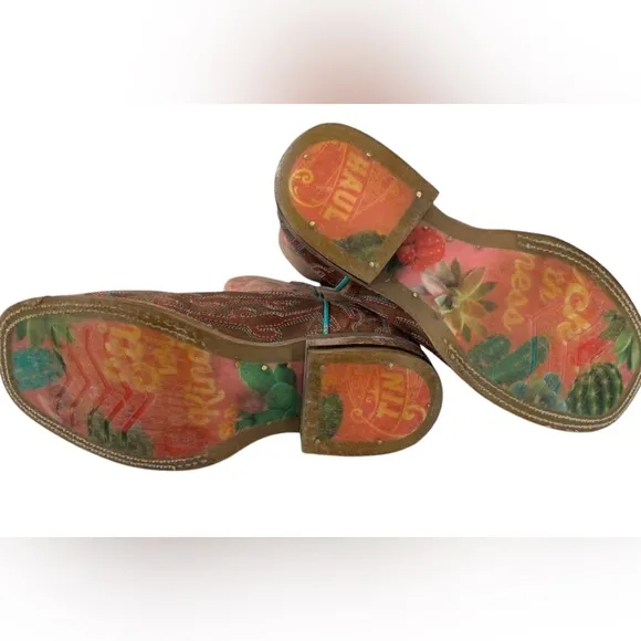 Tin Haul CACTUS Western Cowgirl Boots Pink Brown Teal Stitching Size 1